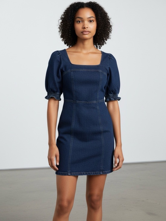 Betsey Johnson Dresses & Skirts - Betsy Johnson Square Neck Puff Sleeve Denim Dress 10 Corset Bodice Dark Wash